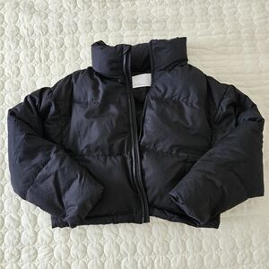 OAK + FORT Black Quilted Puffer Jacket Cropped Oversized XS